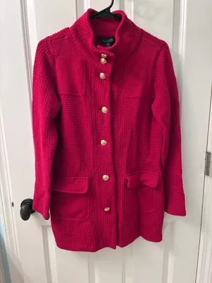 Lauren Ralph Lauren Bright Red Textured-Knit Sweater Jacket thumbnail 1