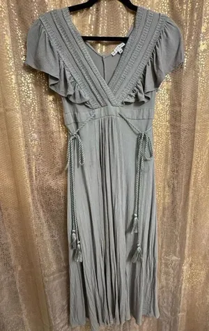 Baltic Born Jennifer Deep V Light Sage Green Tassels Maxi Dress XS thumbnail 1