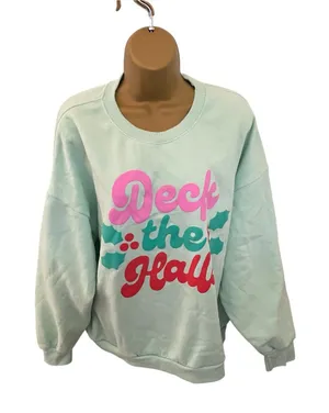 State of Mine Deck the Halls Graphic Sweatshirt Holiday Christmas Mint Green XL thumbnail 1
