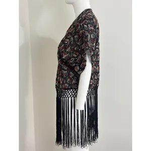 Forever 21 Women’s Sheer Kimono Cardigan Black Embroidered Fringe Boho Festival Size S thumbnail 2