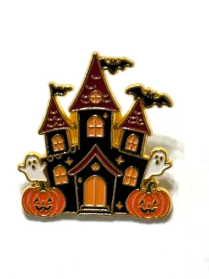 Halloween Haunted House Pin Black Orange White Gold Tone New thumbnail 5