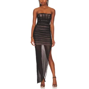 Nookie Black Mesh Ruched Maxi Dress XS Bustier Slimming Bodycon Designer $380 thumbnail 4