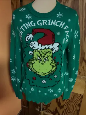 The Grinch Resting Grinch Face Christmas Ugly Sweater Green Medium Dr Seuss thumbnail 5