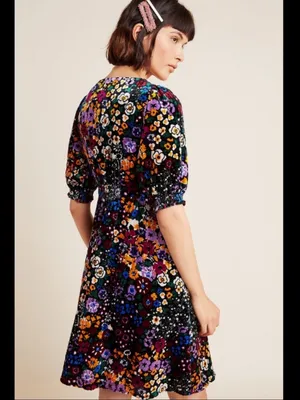 Anthropologie Multicolor Floral V-Neck Puff Sleeve Velvet Francie Mini Dress thumbnail 2