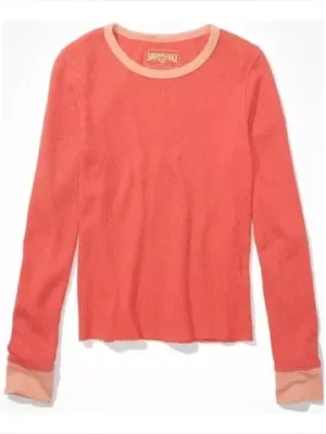 American Eagle Coral Waffle Knit Ringer Thermal Small thumbnail 1