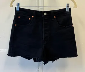 Levis Premium Ribcage Shorts Button Fly W27 Black High Rise Raw Hem Denim thumbnail 1