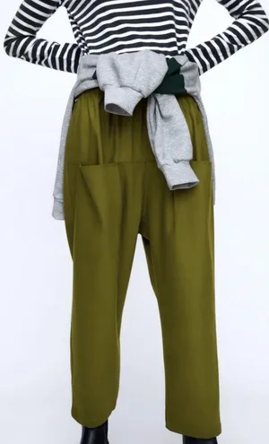 ZARA NWT Baggy Low Waisted Pants W Pockets Green thumbnail 2