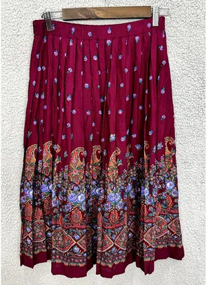 Kay Warner Paisley Skirt M Purple Floral‎ Pleated Midi Boho Hippie Festival thumbnail 1