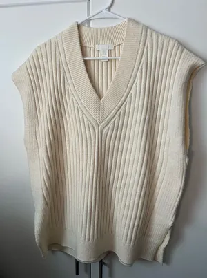 H&M Oversized cream rib knit sweater vest thumbnail 1