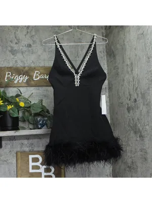 NWT Aqua Womens Feather Embellished Tank Mini Dress IDO12840 Black XS thumbnail 2