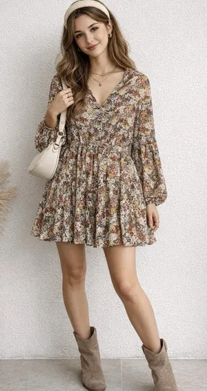 Entro Floral Mini Dress Size Large V-Neck Long Sleeve Tie Waist Boho Festival thumbnail 1