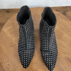 JustFab Jenna Women's Ankle Boots 7 Black Studded Suede Slip On Block Heels thumbnail 5