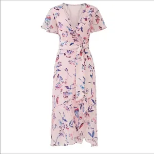 Tanya Taylor Blaire Pink Floral Silk Ruffle MIDI Dress Faux Wrap Flowers v6x thumbnail 4