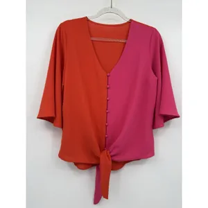 Hot Pink Orange Blouse V Neck Button Down Tie Knot Front Bell Sleeves Small Top thumbnail 3