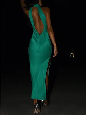 Meshki Claire Satin Halter Sleeveless Green Maxi Dress MEDIUM thumbnail 3