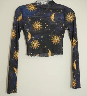 Ragstock Celestial Sun Moon Star Sheer Mesh Crop Top Navy Blue Mock Neck thumbnail 1