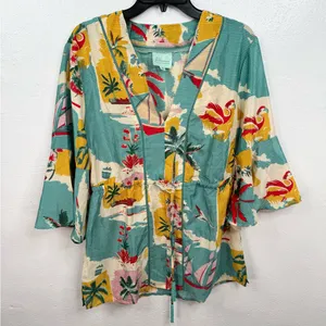 True Destinations Tunic Top Womens M Multicolor Tropical V-Neck Bell thumbnail 1