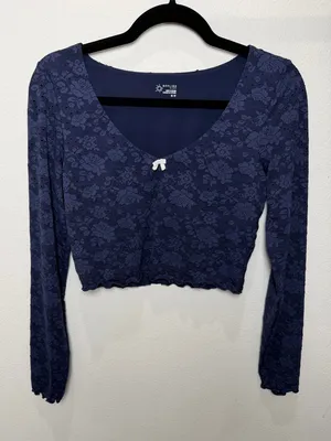 OFFLINE by Aerie Treat Yourself Navy Floral Eyelet Lace Crop Long Sleeve Top M thumbnail 8