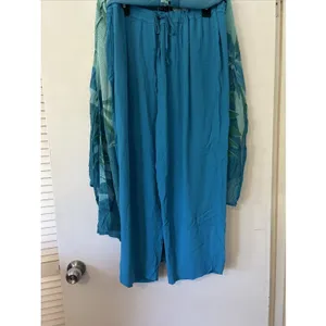 Phool Womens Blue Green Floral Stripe Sheer Tunic & Wide Leg Pant Set Rayon LG‎ thumbnail 7