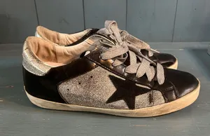 Golden Goose Black Leather Sneakers with Silver Glitter Panels | Size 37 US 7 thumbnail 1