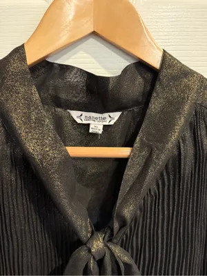 Nanette Lepore Metallic Shimmer Black Gold Pleated Bow Neck Top thumbnail 2