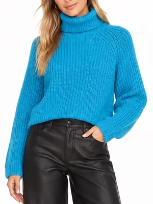 HYFVE Small Turquoise Blue Cropped Turtleneck Sweater Chunky Ribbed Knit Fall thumbnail 1