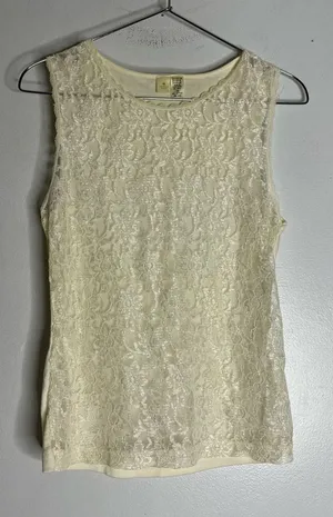Vintage Gold Label Victoria’s Secret Ivory‎ Sheer Lace Front Tank Top CP thumbnail 1