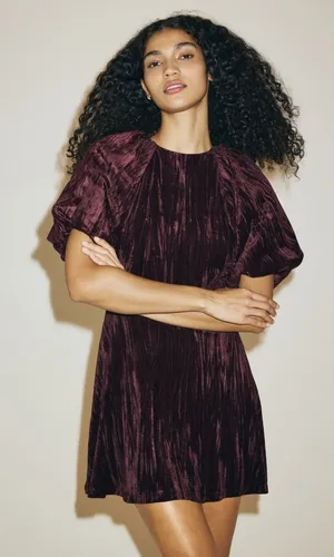 NEW H&M Velvet Balloon Sleeve Ribbon Bow Back Mini Dress in Burgundy - Size M thumbnail 1