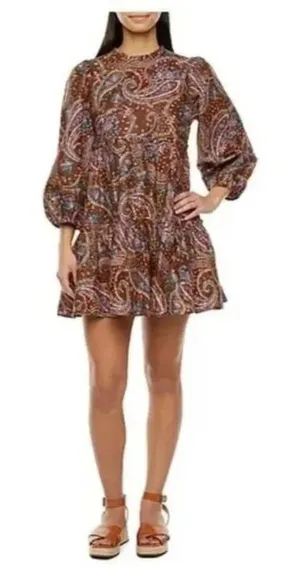ANA A NEW APPROACH Paisley Dress XL NWT Cotton Tiered Ruffle Puff Sleeve Brown thumbnail 1