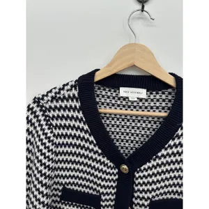 Free Assembly Womens Navy White Textured Knit Gold Button Cardigan Sweater M thumbnail 6