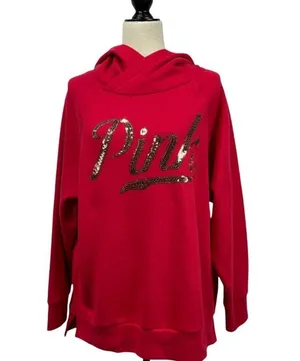 Victoria's Secret PINK Red Sequin hoodie Size M thumbnail 1
