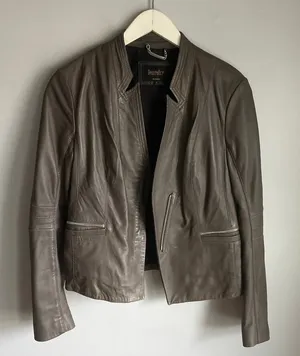 Laundry by Shelli Segal Taupe Brown Leather Moto Jacket Minimalist‎ size Small thumbnail 1