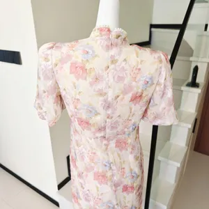 Floral Cheongsam Midi Dress Pearl Stand Collar Puff thumbnail 4
