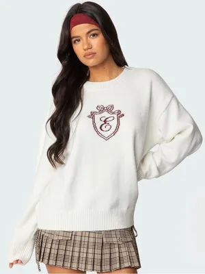 NWT‎ Edikted So Preppy White Crest Logo Cotton Crewneck Sweater thumbnail 1