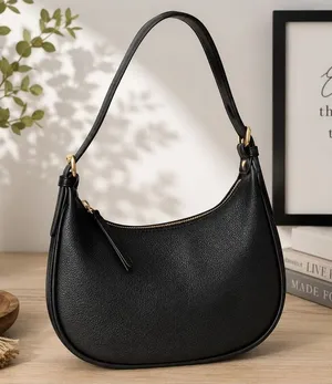 Black Pebbled Faux Leather Shoulder Bag Hobo Purse Gold Hardware Zip Top thumbnail 1