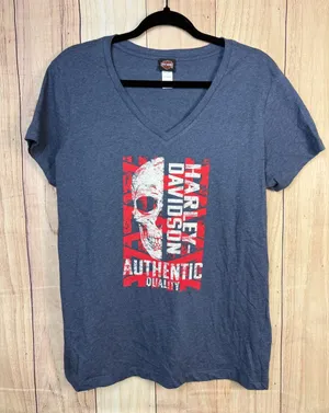 Harley-Davidson Blue V-Neck Tee with Red and White Skull Graphic thumbnail 1