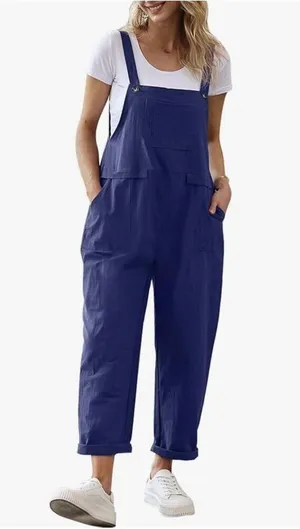 NEW Blue Linen blend Loose Bib Pants Overalls Jumpsuits Pockets M thumbnail 1