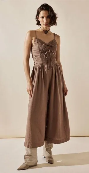 Free People Endless Summer Day Glow One Piece Smocked cutouts Jumpsuit Taupe M thumbnail 1