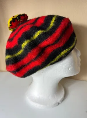 MZ Wallace Wool‎ Beret Hat Striped Red Black Yellow Pom Pom Made in Scotland thumbnail 1