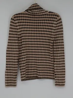 Maeve Anthropologie Sweater Large Fitted Stretch Plaid Cowl Neck Brown Black thumbnail 9