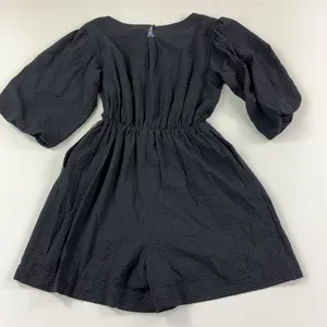Anthropologie Romper Womens Medium Black Textured Puff 3/4 Sleeve Elastic Waist thumbnail 2