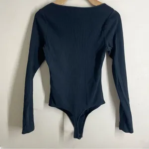 Abercrombie & Fitch Rib Hook Front Bodysuit Black Long Sleeve S Square Neck thumbnail 2