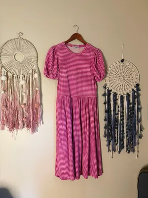 Urban Outfitters Antibes Gingham Puff Sleeve Midi Dress Pink Size Small thumbnail 3