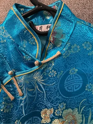 Yuexuan Qipao Dress Shanghai Style Blue Gold Floral Satin Mandarin Collar Y2K thumbnail 6