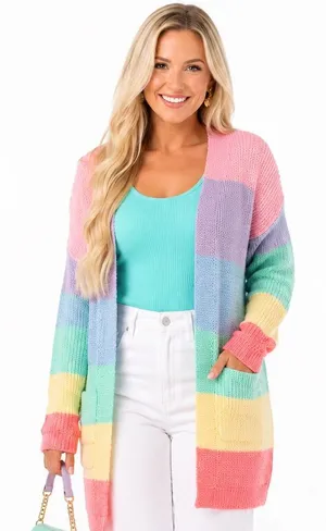 ZESICA XL Pastel Rainbow Colorblock Long Open Front Knit Cardigan Pockets thumbnail 1