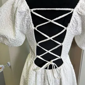 Lulus Puff Sleeve Midi Dress Floral Textured Corset Tie Back‎ Stretch Bridal M thumbnail 9