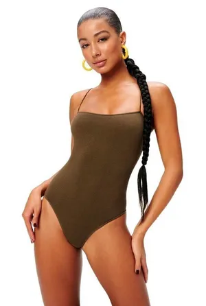 Good American Brown Ribbed Stretch Square Neck Thong Tank Bodysuit Size‎ L/XL thumbnail 1
