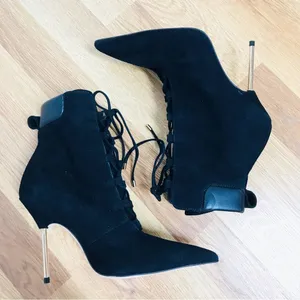 GOOD AMERICAN Black Suede Stiletto Lace Up Ankle Boot Bootie Hiking Size 5.5 New thumbnail 7