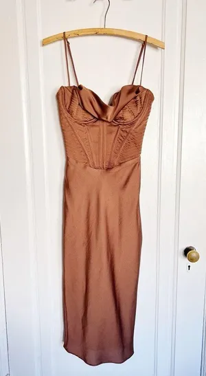 House of CB • Myrna Chocolate Satin Corset Slip Dress brown bustier boned bodice thumbnail 3
