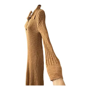 LOFT Brown Ribbed Polo Midi Knit Sweater Dress Size M Long Sleeve Pullover thumbnail 3